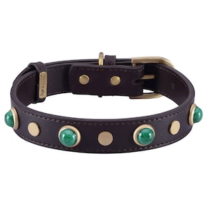 Brown leather Dog Collar, Malachite Jeweled Dog Collar, Studded Dog Collar, Gemstone Dog Collar, Designer Dog collar, Boy Dog Collar