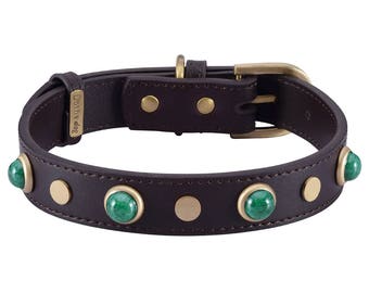 Brown leather dog collar with Malachite glass stones and brass studs