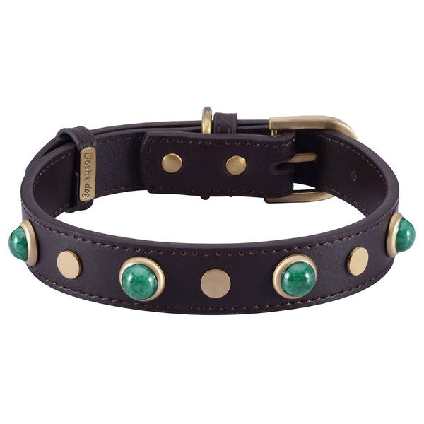 Brown leather Dog Collar, Malachite Jeweled Dog Collar, Studded Dog Collar, Gemstone Dog Collar, Designer Dog collar, Boy Dog Collar