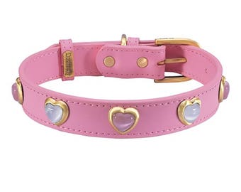 Pink Leather Heart Dog Collar, Valentine's Dog Collar, Designer