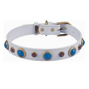 Turquoise Dog Collar, Gemstone Dog Collar, White Dog Collar with Turquoise Gems, Jeweled Dog Collar, Jewel Dog Collar, White Leather Collar