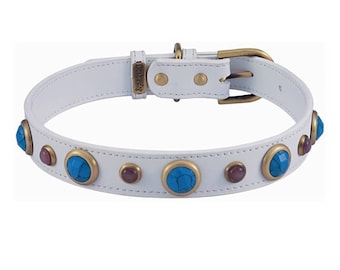 Turquoise Dog Collar, Gemstone Dog Collar, White Dog Collar with Turquoise Gems, Jeweled Dog Collar, Jewel Dog Collar, White Leather Collar