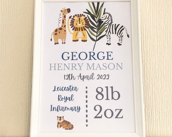 Personalised Baby Annoucement Print Safari | New baby| Baby Gift