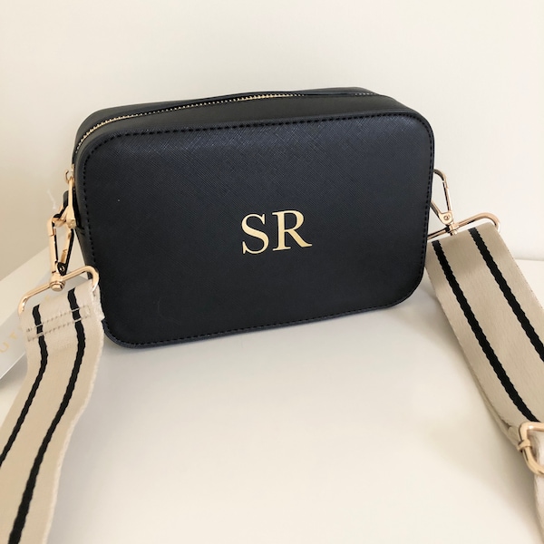 Personalised Crossbody Bag with Patterned bag strap black