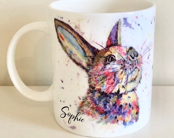 Personalised Rabbit with watercolour splatter background designed mug