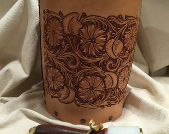 Leather hand tooled Sheridan Style waste basket