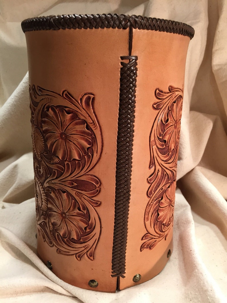 Leather Hand Tooled Sheridan Style Waste Basket Etsy