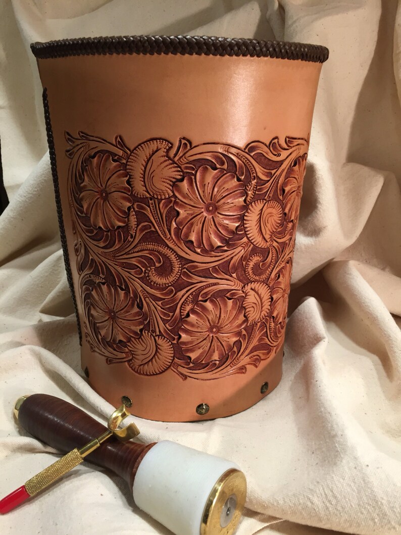 Leather Hand Tooled Sheridan Style Waste Basket Etsy