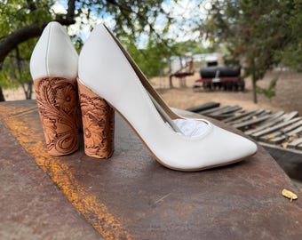 Hand Tooled Block Heels Pumps