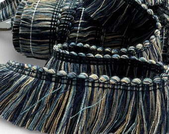 Bordura per tappezzeria con frange in viscosa spazzolata blu navy e oro