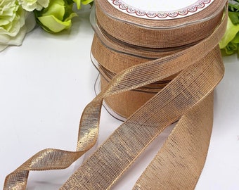 4 Inch By 5 YDS Natural Burlap Ribbon With Gold Holly Embroidery