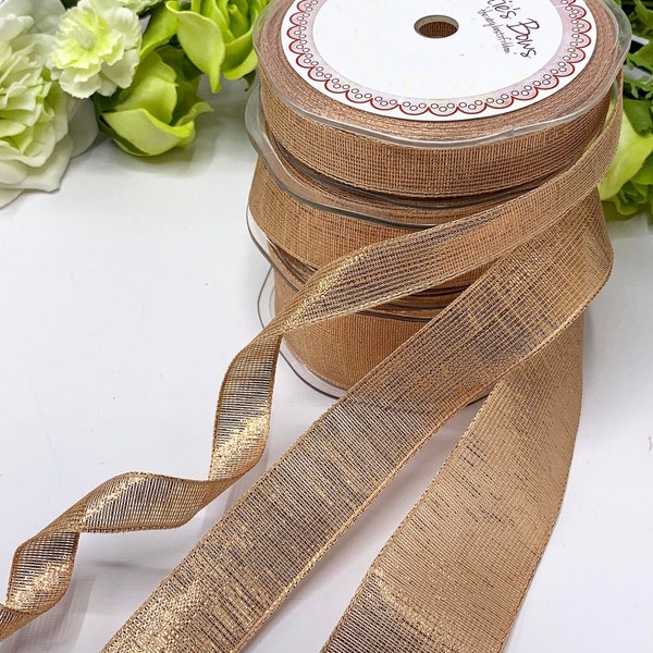 Wired edge Rose Gold Ribbon, metallic lame mesh, 3 widths, wedding bouquet ribbon, Christmas tree decoration