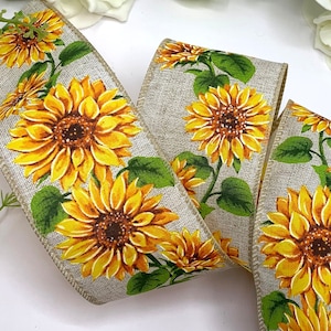 Ruban câblé de 2,5 po., bordure en toile de jute de 63 mm avec imprimé tournesol jaune audacieux, travaux manuels de jardin printemps-été, compositions florales et noeuds