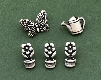 Metal Buttons - Gardening Embellishment - Butterfly Button - Flowerpot Button - Watering Can Button - Sewing Buttons - Nature - Horticulture