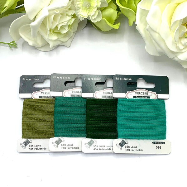 Green darning wool, mending thread for knitwear, socks and accessories, 15m visible mending thread in a range of greens - wool/polyamide