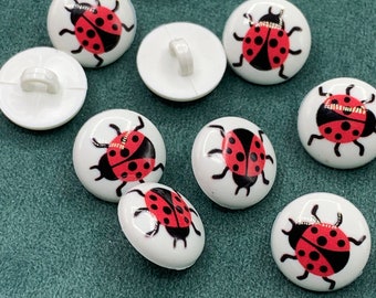 Ladybird buttons, 15mm round domed white plastic buttons with ladybird print, shank loop fastening, insect embellishment