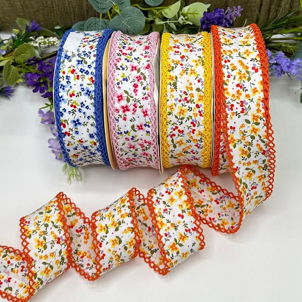 Biais floral de 36 mm avec bords en dentelle au crochet, joli ruban de bordure 100 % coton, courtepointe, décoration d'intérieur, projets de couture d'été - 4 couleurs