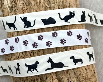 Dog & Cat Silhouette Ribbon - 5/8" Grosgrain Paw Print Trim