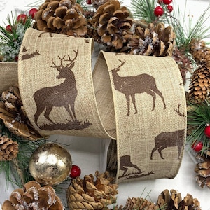 Fita de juta falsa com fio de 2 1/2" com estampa de veado, enfeite de artesanato country de Natal, fita de rena para guirlandas, laços e presentes