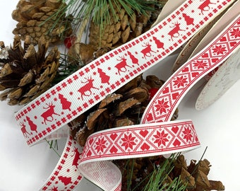 Scandinavian Christmas Ribbon, red and white nordic trim, scandi reindeer and snowflake gift wrap, traditional Christmas sewing