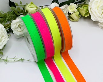 Neon fluorescent single fold bias binding, polycotton edging tape for quilting, bunting and sewing - yellow, pink, green orange - 7/8 inch
