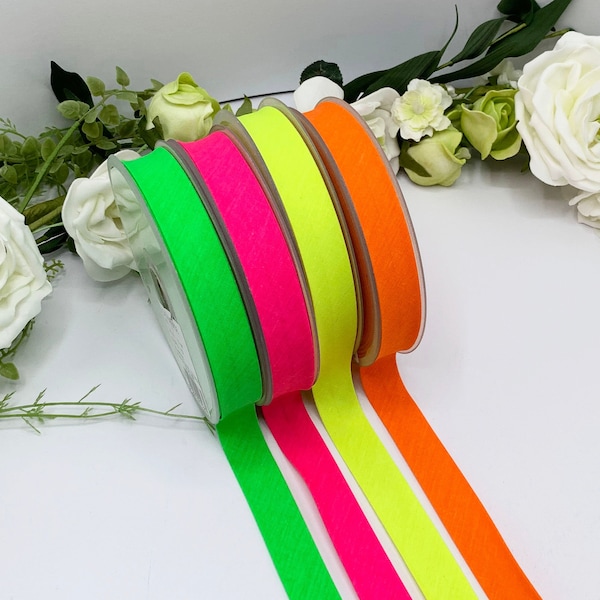 Neon fluorescent single fold bias binding, polycotton edging tape for quilting, bunting and sewing - yellow, pink, green orange - 7/8 inch