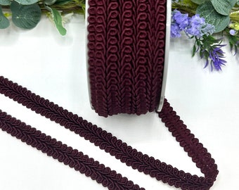 Deep Burgundy Scrolled Gimp Braid Trim, 15mm Polyester Upholstery Trim