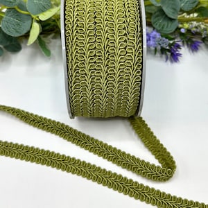 Olive Green upholstery trim, 15mm scrolled gimp braid for furniture renovation, home decor and lampshade trim - 1m 3m 5m increments