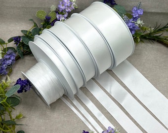 White double sided satin ribbon, RECYCLED eco friendly trim for weddings, Christmas, anniversary gifts - 8 widths in 1m to 20m increments