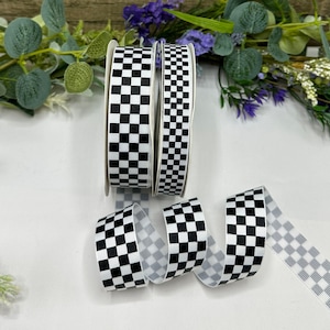 Geblokte vlag grosgrain lint - 15 mm of 25 mm breed zwart-wit geruite bies - racewagen, motorsportdecor, speedway, motorkaarten