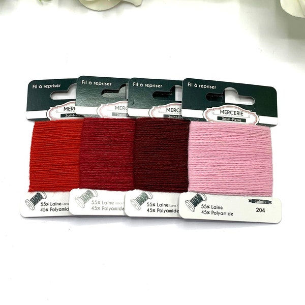Red darning wool, mending thread for knitwear, socks and accessories, 15m visible mending thread in shades of red and pink - wool/polyamide