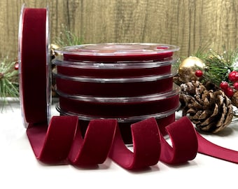 Dark red velvet ribbon, wine choker velvet, thin velvet ribbon, winter wedding trim, 7mm, 10mm 16m  25mm widths - 5m and 10m increments