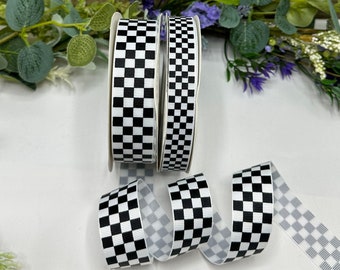 Chequered Flag grosgrain ribbon - 15mm or 25mm wide black & white check trim  - racing car, Motorsport Decor, Speedway, motorbike cards