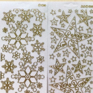 Pegatinas navideñas transparentes, copos de nieve o estrellas, hoja de pegatinas despegables iridiscentes doradas/transparentes para tarjetas y decoraciones