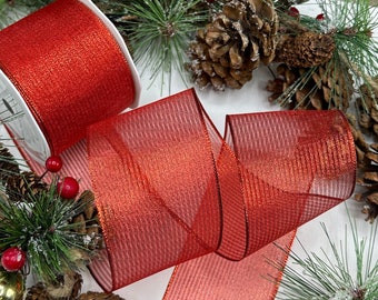 Wired red Christmas ribbon, sheer with metallic red stripes for trees, wreaths and bows - 2.5 inch / 63mm wide - 5m or 10m