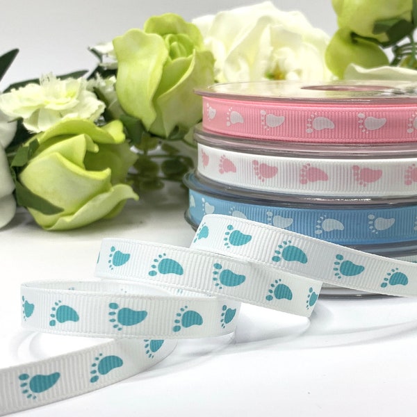 New Baby Ribbon, Baby Feet Embellishment, Pink Blue or White Grosgrain, Baby Shower decoration