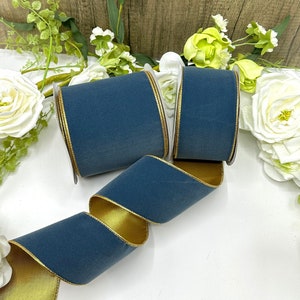 Ruban de velours bleu poudré avec fil de 4 po. avec dos en or métallique pour noeuds de Noël, décorations florales et couronnes de porte - 6 cm et 10 cm de large