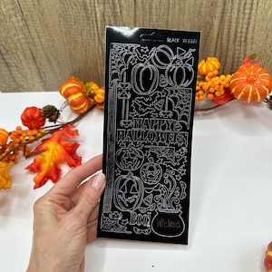 Halloween sticker sheet, black gloss Happy Halloween pumpkins bats and cobwebs for cards and decorations