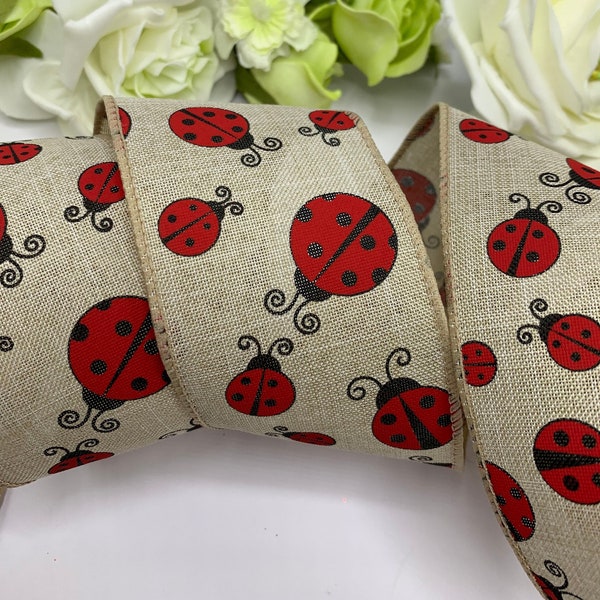 Ruban ladybird filaire de 2,5 pouces, garniture hessienne de 63 mm avec imprimé coccinelle rouge, artisanat de jardin printemps-été, arrangements floraux et arcs