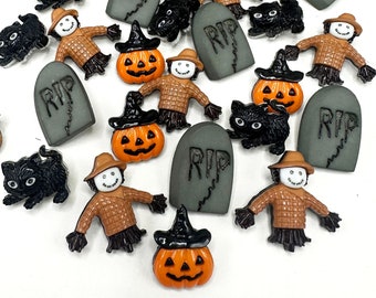 Halloween buttons, scary pumpkin, scarecrow, black cat and tombstones - sew on holiday craft buttons - Packs of 5 or 20