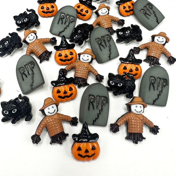 Halloween buttons, scary pumpkin, scarecrow, black cat and tombstones - sew on holiday craft buttons - Packs of 5 or 20