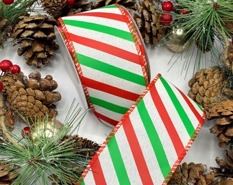 2.5 inch wired candy cane ribbon, red green and white stripe Christmas trim for hampers, bows, wreaths and decorations