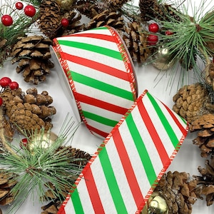 2,5 inch bedraad snoeprietlint, rood, groen en wit gestreepte kerstversiering voor wasmanden, strikken, kransen en decoraties