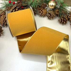 Wired mustard gold velvet ribbon with metallic gold back 4 widths for bows, floral decoration, door wreath PRICED PER METRE