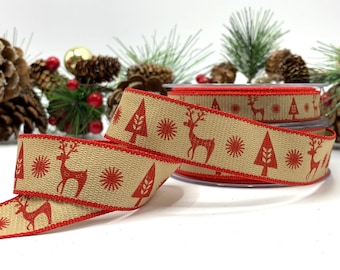 Nordic Reindeer Ribbon, 25mm Natural Christmas Trim, Red Print for Gift Wrap Bows