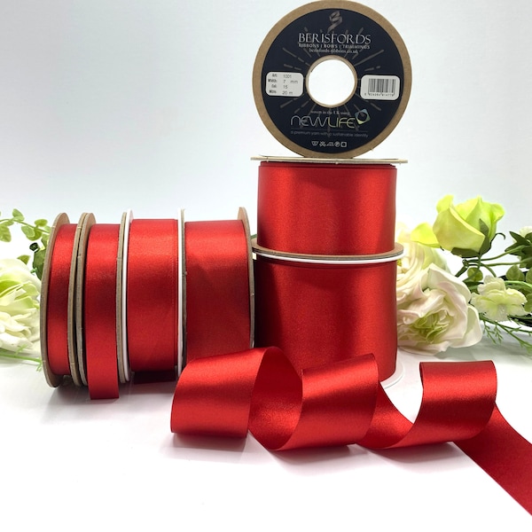 Scarlet Red Double Satin Ribbon, felrood kerstlint, Berisfords gerecycled milieuvriendelijk lint, 7-70 mm breedtes - Schaduw 15