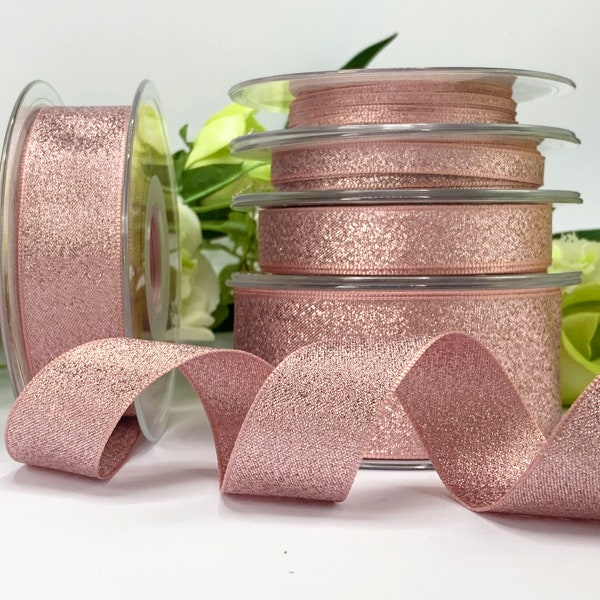 Rose Gold Ribbon, rustic rose gold lame trim, 5 widths from narrow to wide, sold by the metre or roll, wedding stationery