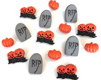 Halloween Buttons, pumpkins and tombstones, sew on embellishment for spooky crafting - packs of 5 or 10