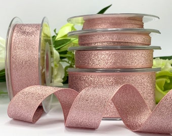 Satin-Edge Rose Pink Ribbon -Metallic Gold Stripes - By the Yard