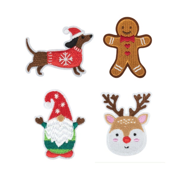 Iron on Christmas character patches, sew on Reindeer, Gingerbread Man, Dachshund Dog and Nordic Santa